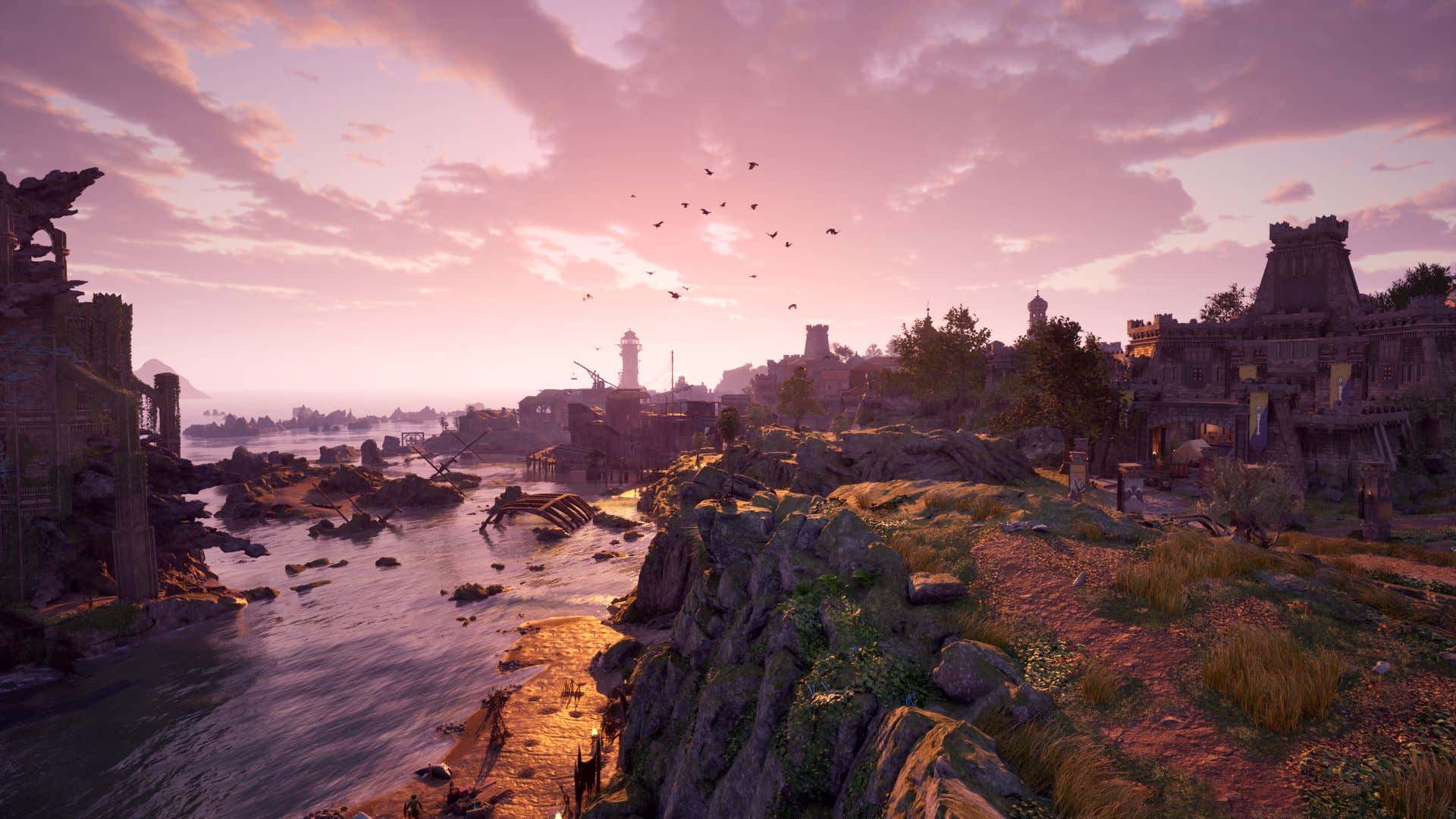 Sunset view of the Dawn Coast with cliffs in the foreground and lighthouse in the distance.